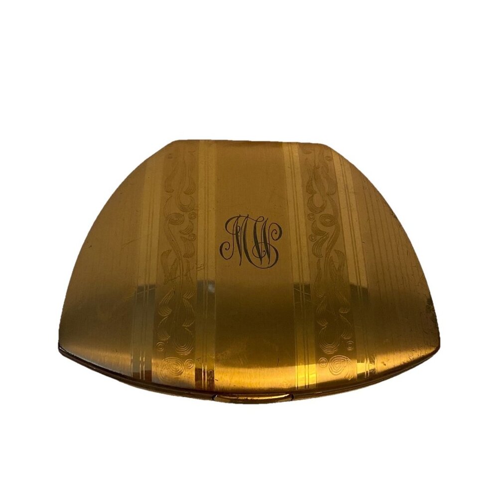 Vintage Elgin American Compact Gold Tone Monogrammed Triangular Shape 1950's
